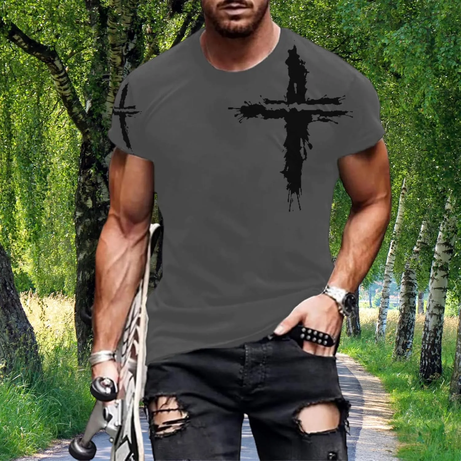 Mens T-Shirts Jesus Cross Faith Vintage Oil Painting Casual Short Sleeve T-Shirts Summer Crew Neck Christian Tops