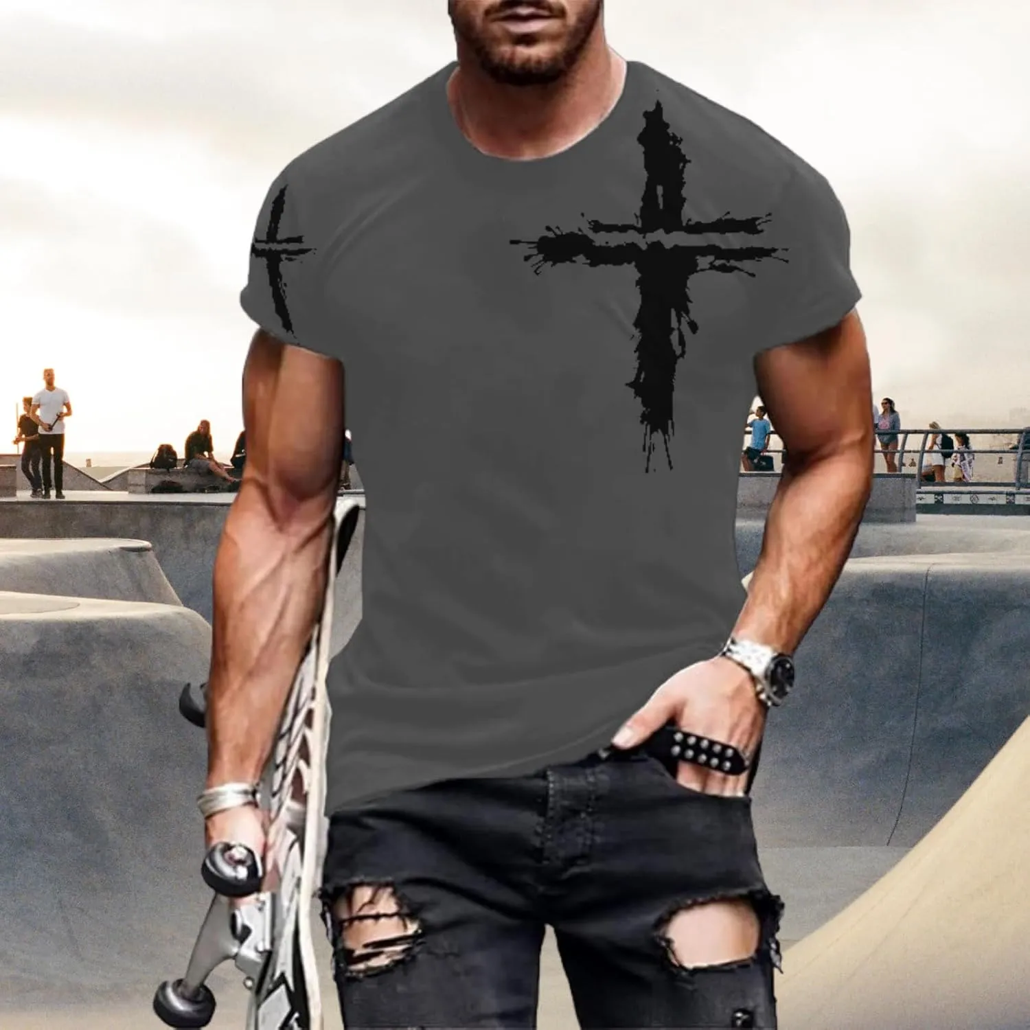Mens T-Shirts Jesus Cross Faith Vintage Oil Painting Casual Short Sleeve T-Shirts Summer Crew Neck Christian Tops