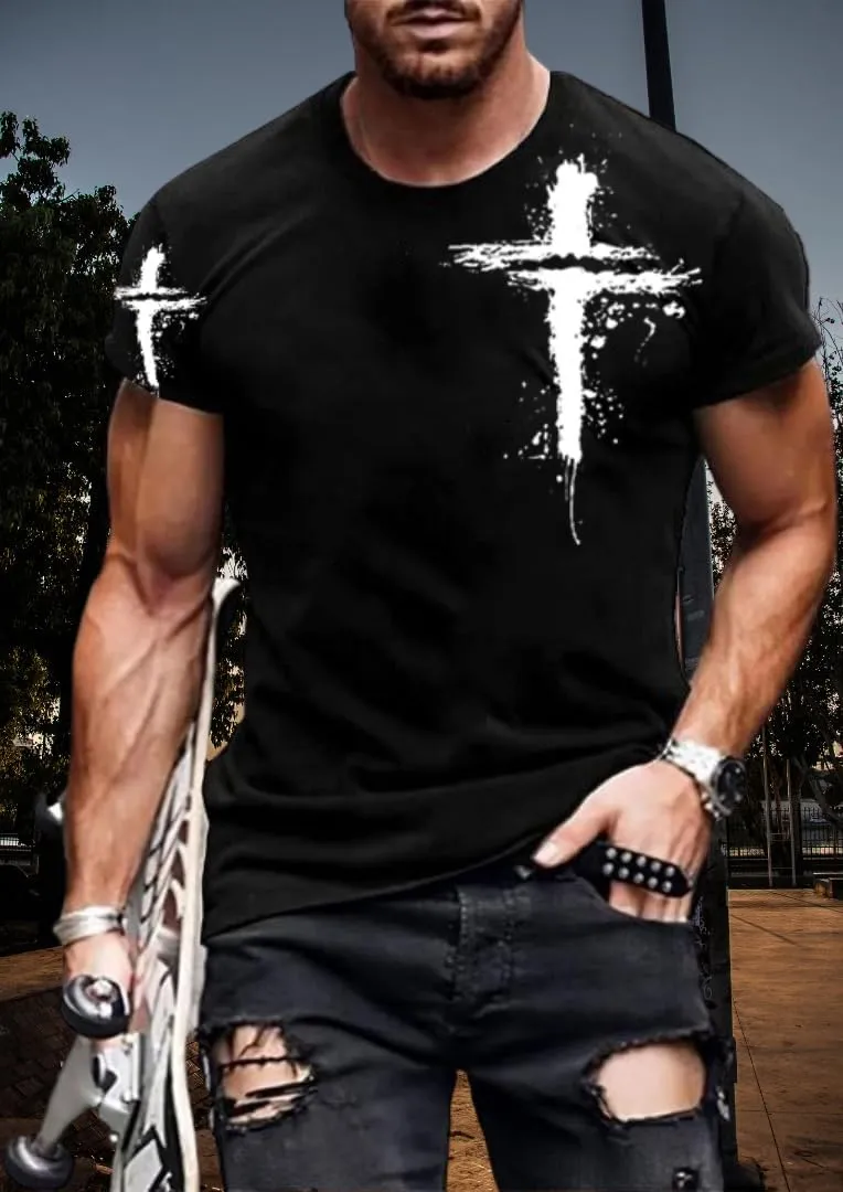 Mens T-Shirts Jesus Cross Faith Vintage Oil Painting Casual Short Sleeve T-Shirts Summer Crew Neck Christian Tops
