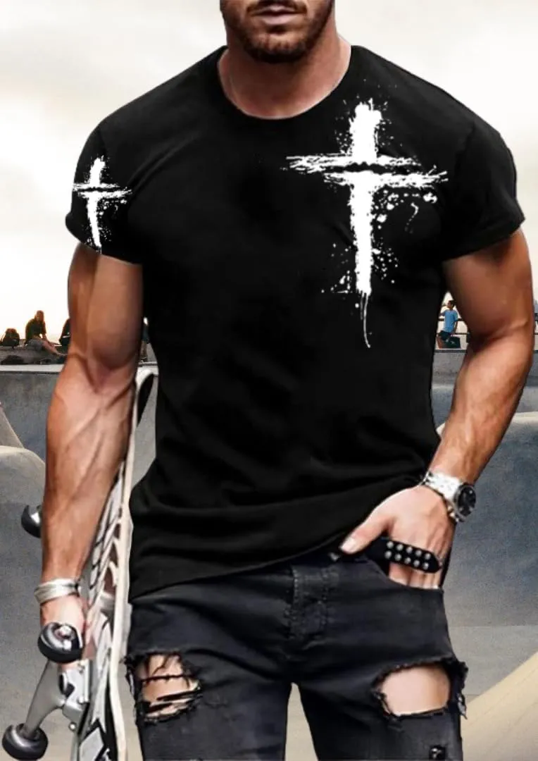 Mens T-Shirts Jesus Cross Faith Vintage Oil Painting Casual Short Sleeve T-Shirts Summer Crew Neck Christian Tops
