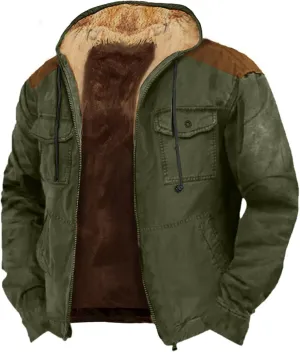 Mens Zip Up Hooded Jackets Loose Fit Lightweight Vintage Military Tactical Hoodie with Pockets Warm Fleece Sport Coat