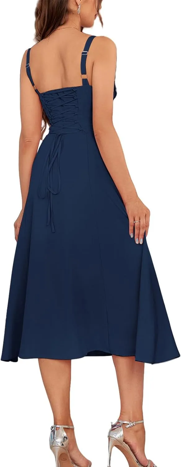 Midi Dresses for Women Boho Flowy Slit Lace Up Dresses Going Out A Line Summer Sexy Beach Casual Sundress 2025