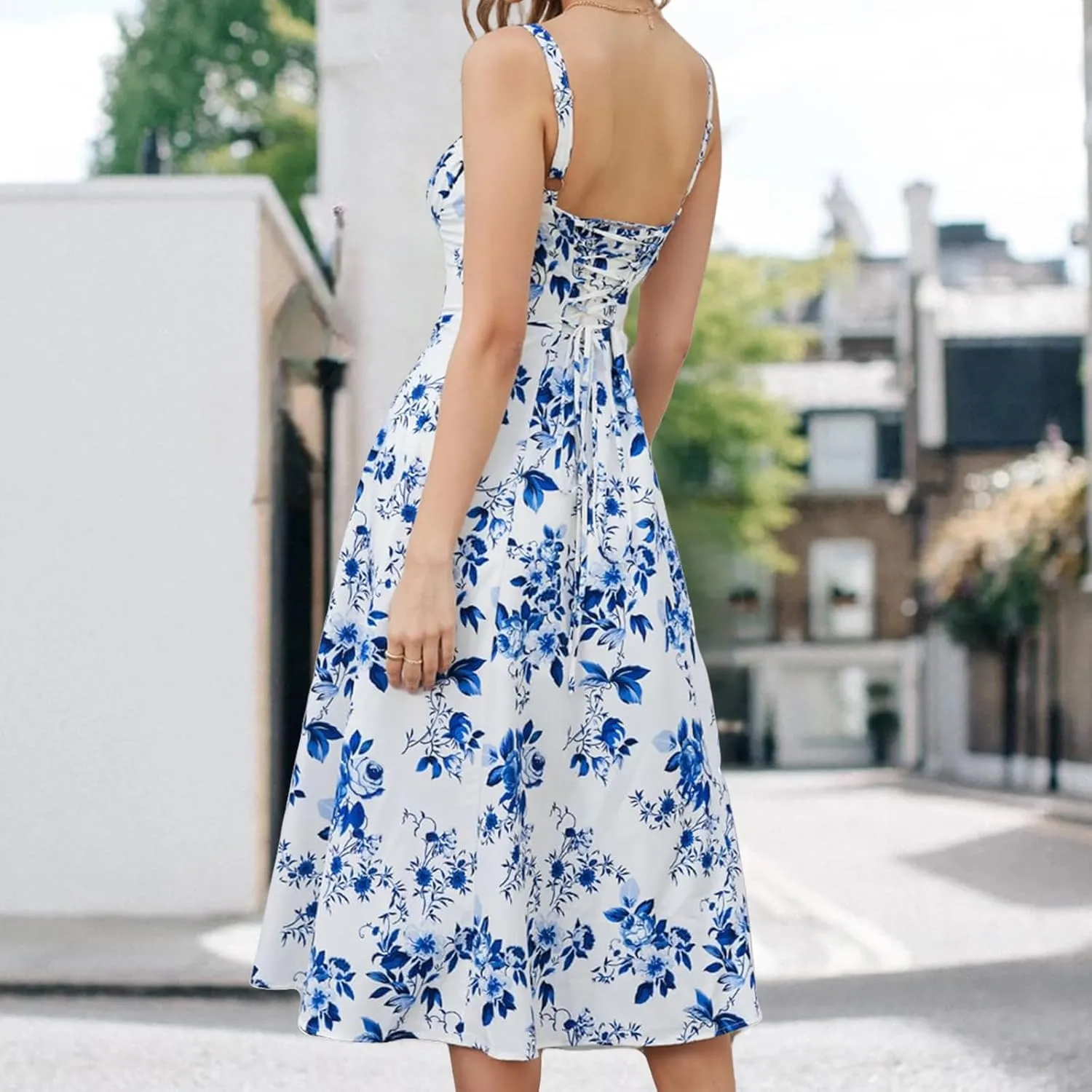 Midi Dresses for Women Boho Flowy Slit Lace Up Dresses Going Out A Line Summer Sexy Beach Casual Sundress 2025