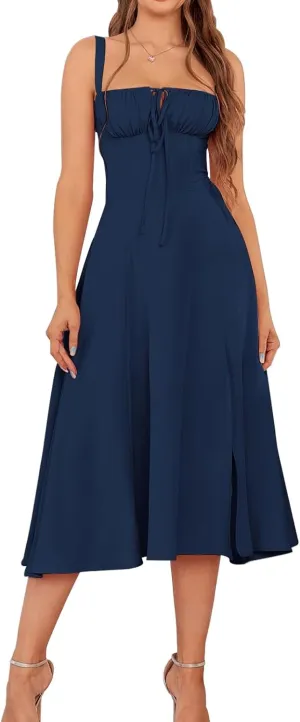 Midi Dresses for Women Boho Flowy Slit Lace Up Dresses Going Out A Line Summer Sexy Beach Casual Sundress 2025