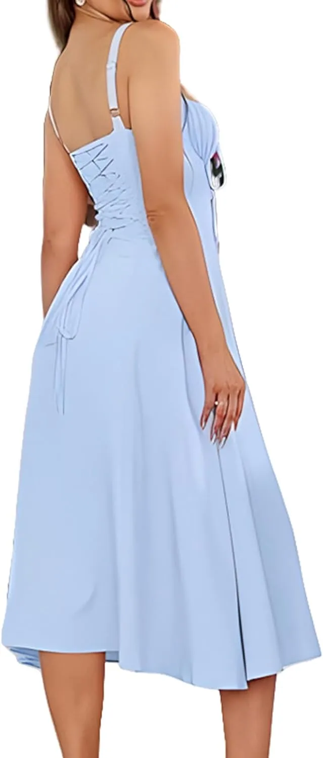 Midi Dresses for Women Boho Flowy Slit Lace Up Dresses Going Out A Line Summer Sexy Beach Casual Sundress 2025