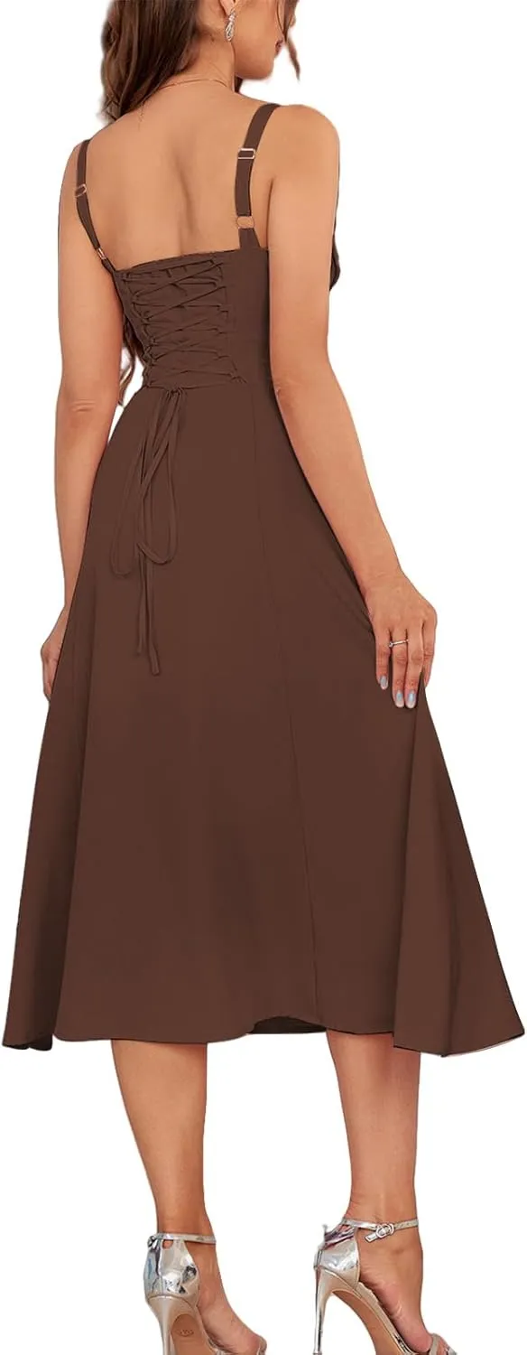Midi Dresses for Women Boho Flowy Slit Lace Up Dresses Going Out A Line Summer Sexy Beach Casual Sundress 2025