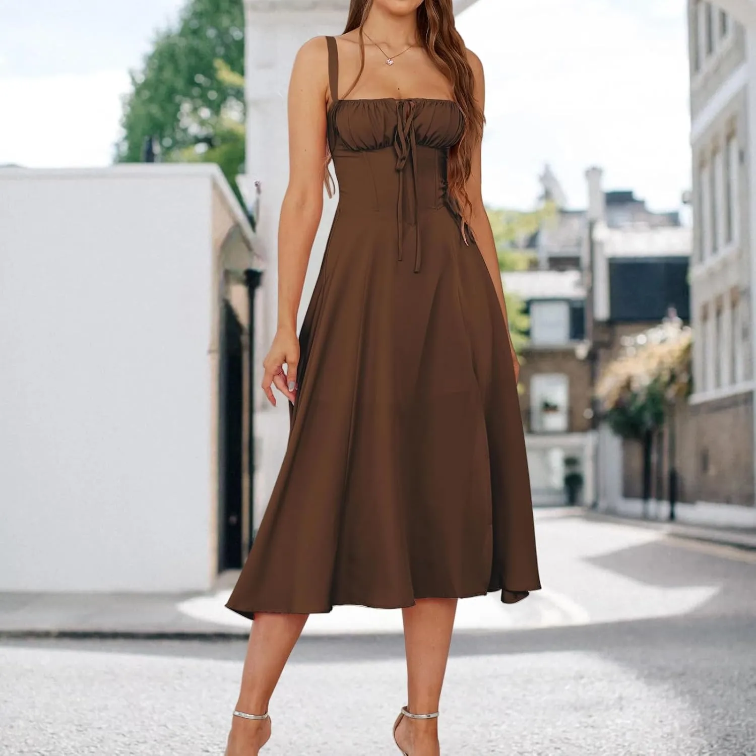 Midi Dresses for Women Boho Flowy Slit Lace Up Dresses Going Out A Line Summer Sexy Beach Casual Sundress 2025