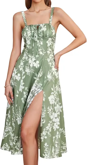 Midi Dresses for Women Boho Flowy Slit Lace Up Dresses Going Out A Line Summer Sexy Beach Casual Sundress 2025