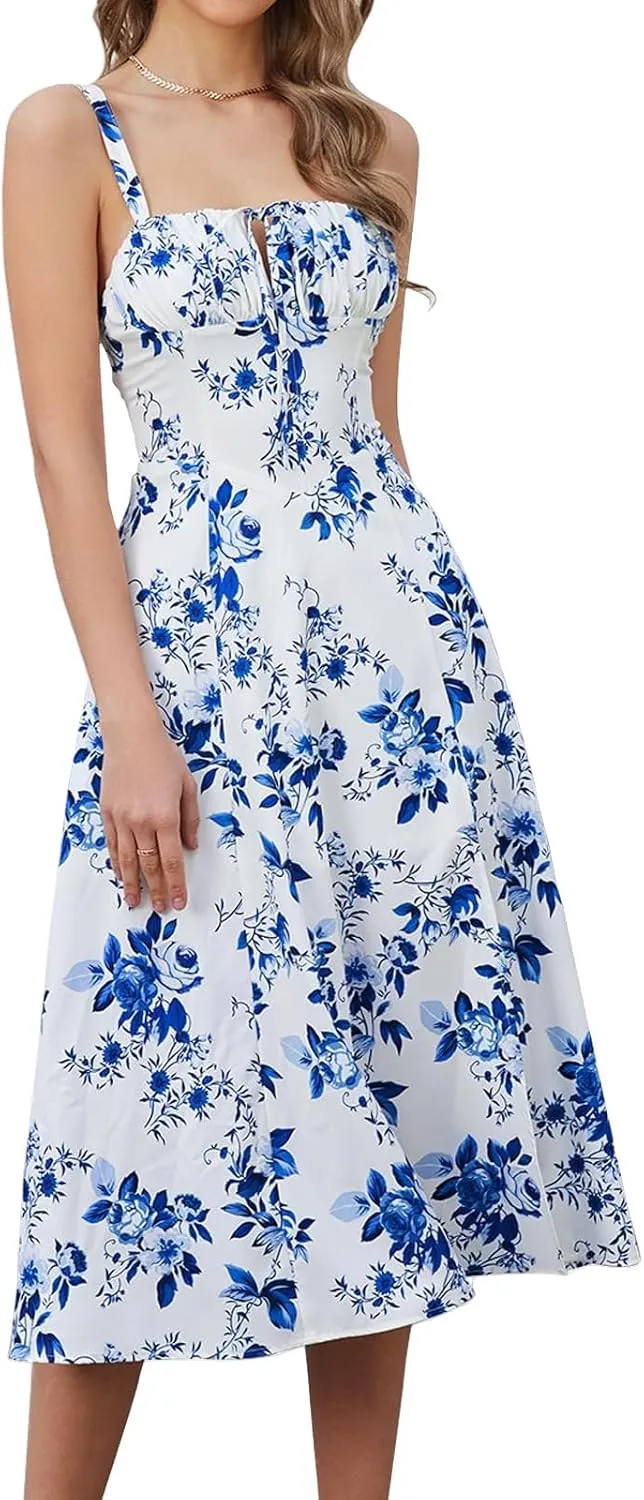 Midi Dresses for Women Boho Flowy Slit Lace Up Dresses Going Out A Line Summer Sexy Beach Casual Sundress 2025