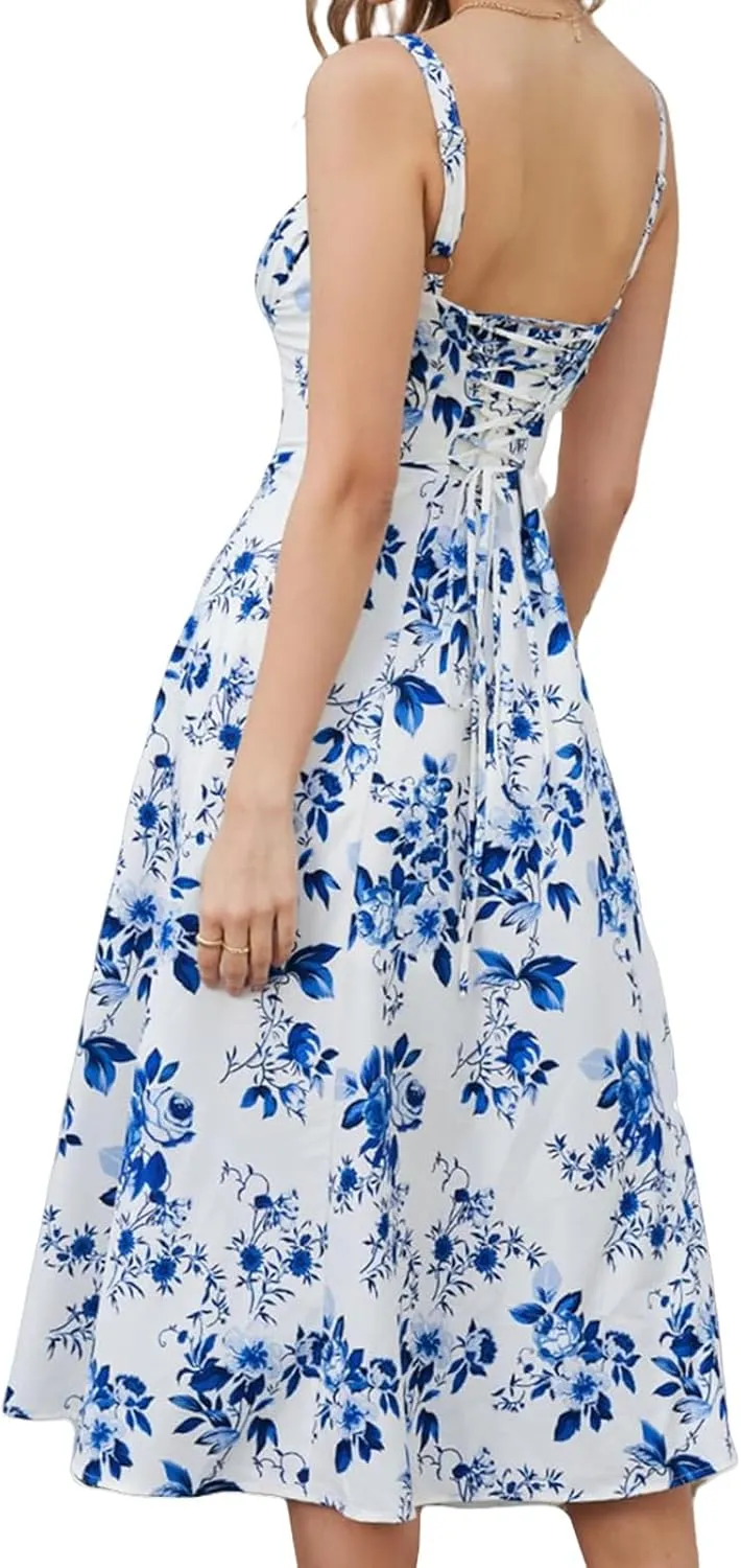 Midi Dresses for Women Boho Flowy Slit Lace Up Dresses Going Out A Line Summer Sexy Beach Casual Sundress 2025