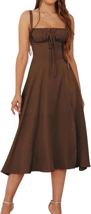 Midi Dresses for Women Boho Flowy Slit Lace Up Dresses Going Out A Line Summer Sexy Beach Casual Sundress 2025