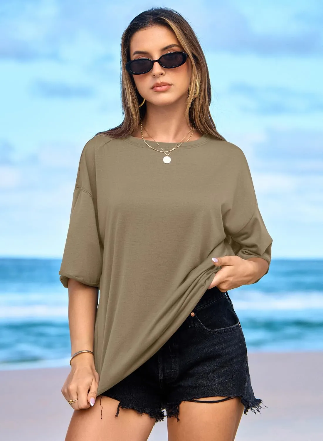 MIHOLL Women's Oversized T-Shirts Casual Short Sleeve Loose Fit Tops Tees Crewneck Summer Trendy Blouse
