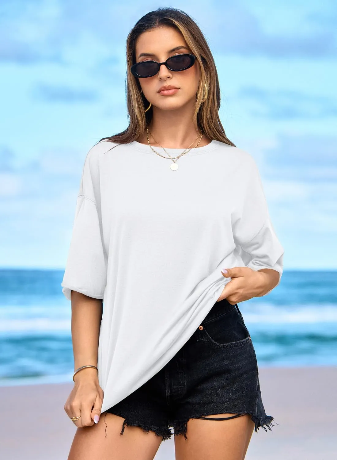 MIHOLL Women's Oversized T-Shirts Casual Short Sleeve Loose Fit Tops Tees Crewneck Summer Trendy Blouse