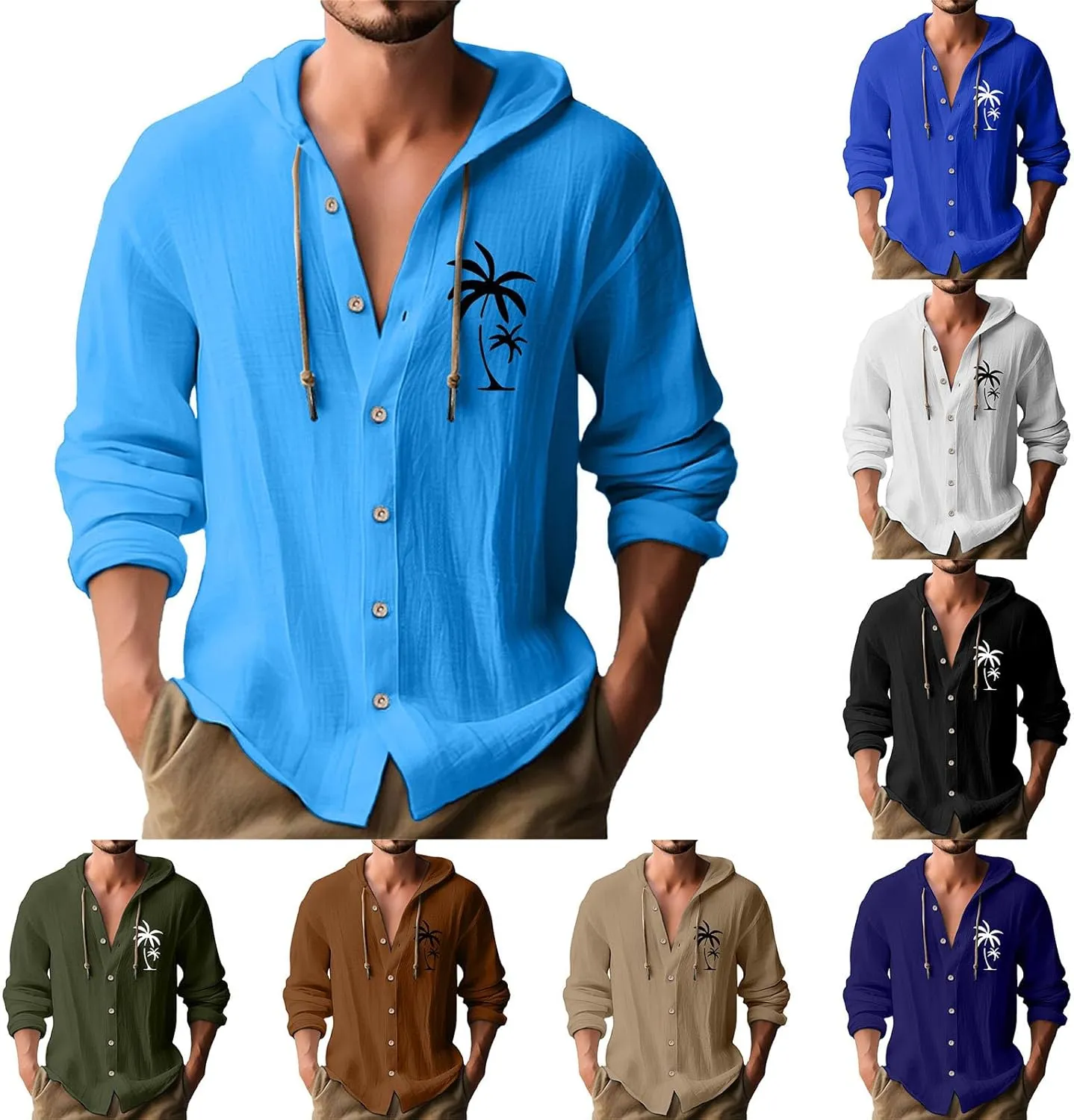Miyaomn Mens Palm Tree Casual Button Down Hoodies V Neck Linen Drawstring Long Sleeve Summer Beach Yoga Shirts Tops with Hood
