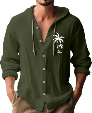 Miyaomn Mens Palm Tree Casual Button Down Hoodies V Neck Linen Drawstring Long Sleeve Summer Beach Yoga Shirts Tops with Hood