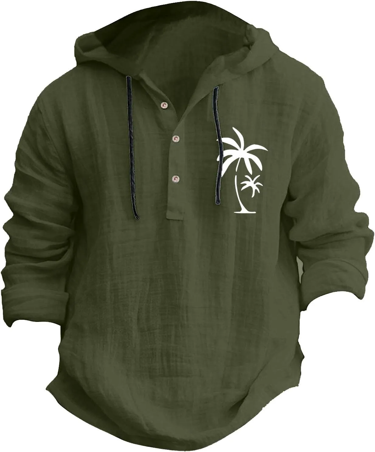 Miyaomn Mens Palm Tree Casual Button Down Hoodies V Neck Linen Drawstring Long Sleeve Summer Beach Yoga Shirts Tops with Hood