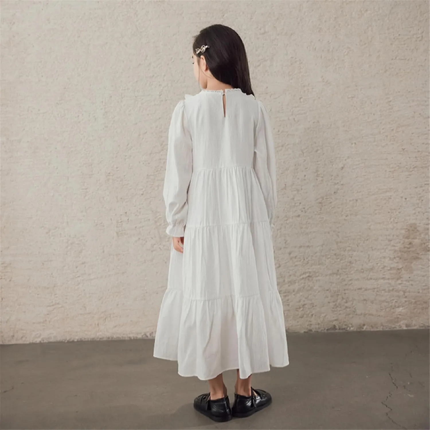 Mud Kingdom Girls Maxi Dress Long Sleeve Flounce Ruffle Casual Loose Fit Dresses White