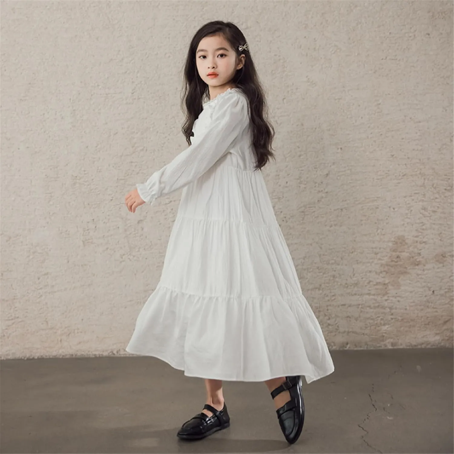 Mud Kingdom Girls Maxi Dress Long Sleeve Flounce Ruffle Casual Loose Fit Dresses White