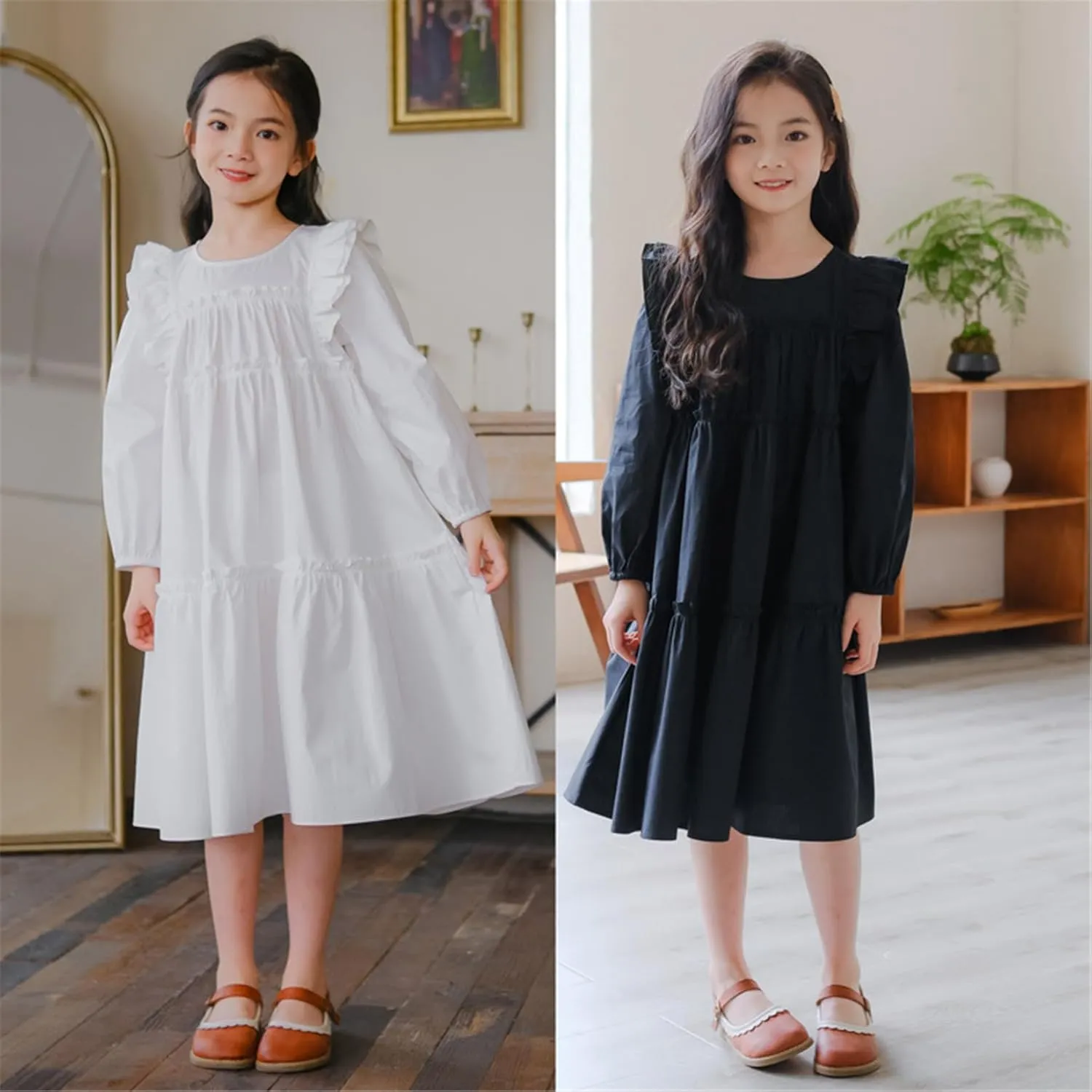 Mud Kingdom Girls Maxi Dress Long Sleeve Flounce Ruffle Casual Loose Fit Dresses White