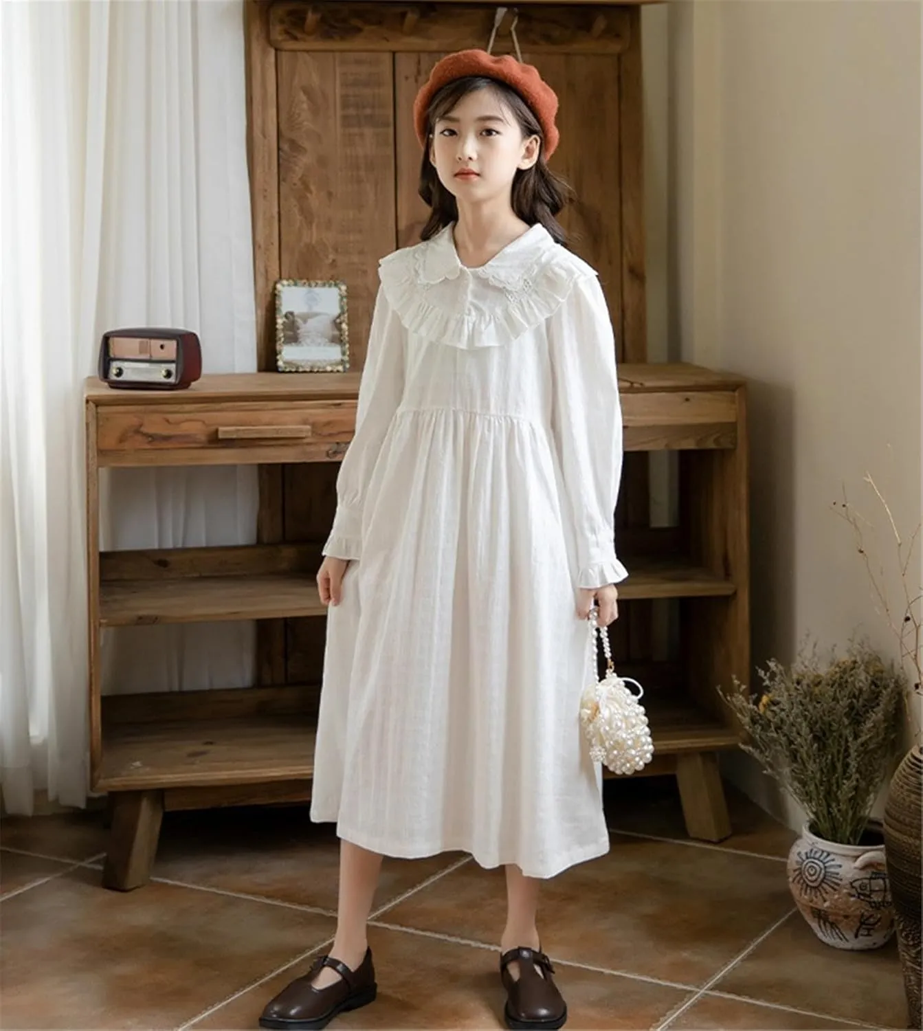 Mud Kingdom Girls Maxi Dress Long Sleeve Flounce Ruffle Casual Loose Fit Dresses White