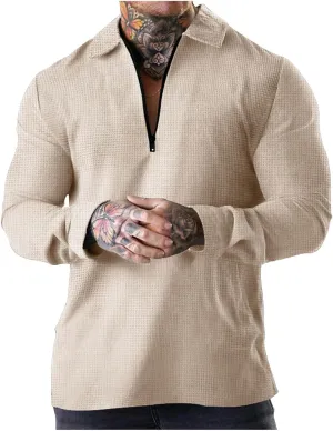 Muscularfit Big and Tall Tshirts Shirts for Men 2023 Long Sleeve Quarter Zip Causal Pullover Sweater Waffle Solid Sweatshirt