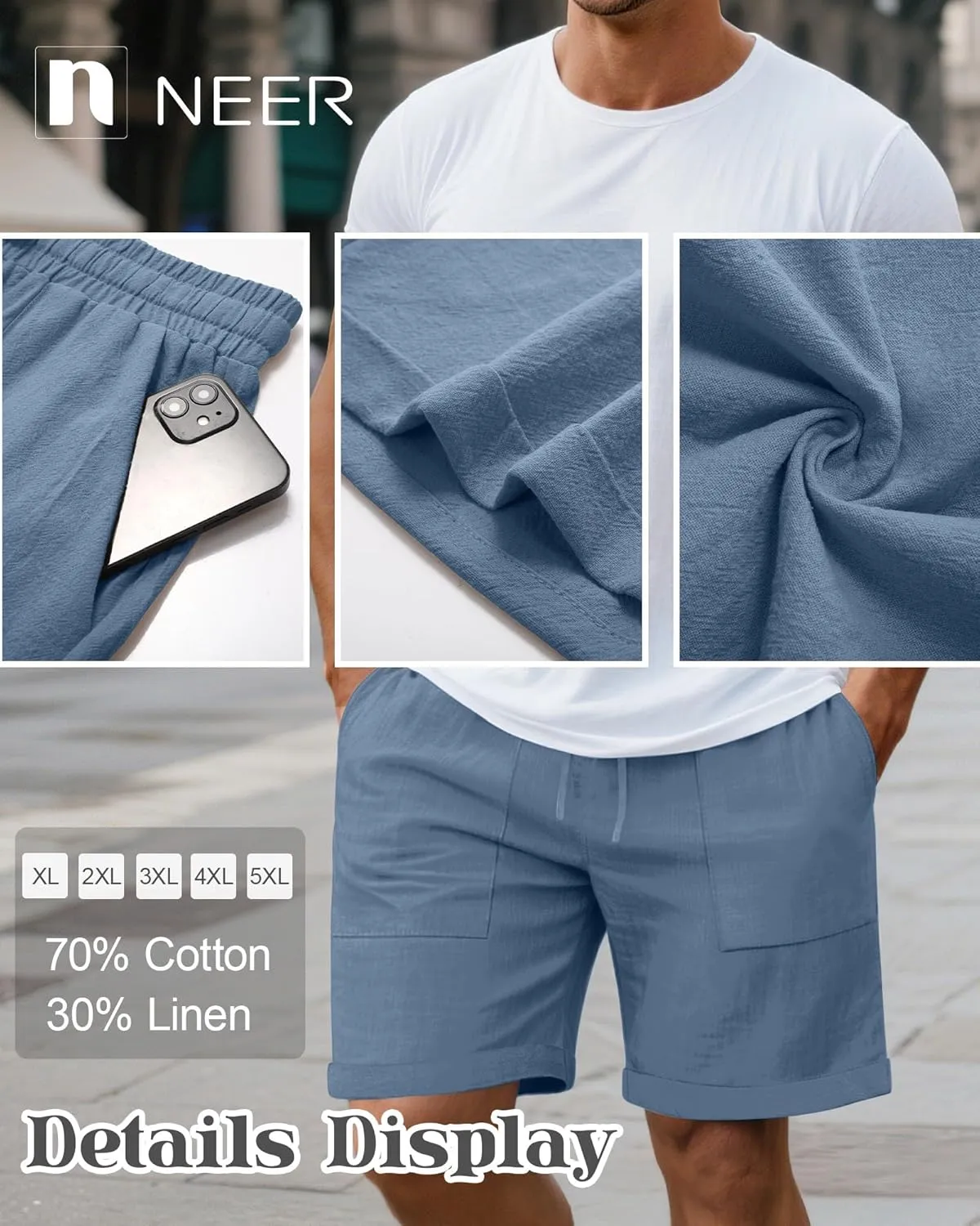 Neer 2 Pack Men's Big and Tall Cotton Linen Bermuda Shorts, Casual 7'' Elastic Drawstring Flat Front Shorts with Pockets
