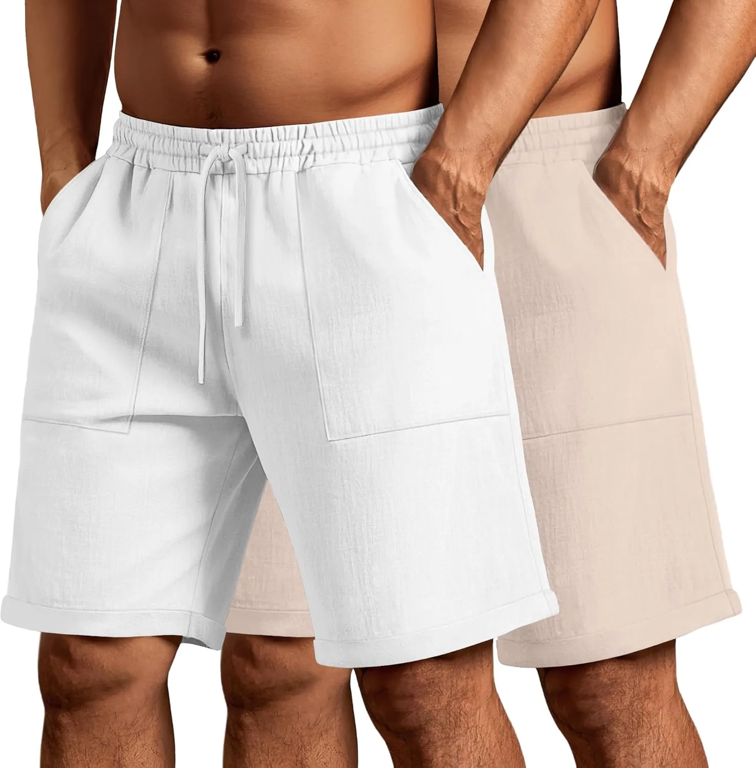 Neer 2 Pack Men's Big and Tall Cotton Linen Bermuda Shorts, Casual 7'' Elastic Drawstring Flat Front Shorts with Pockets