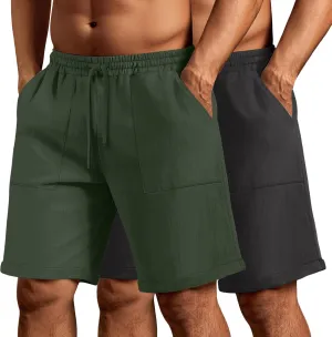 Neer 2 Pack Men's Big and Tall Cotton Linen Bermuda Shorts, Casual 7'' Elastic Drawstring Flat Front Shorts with Pockets