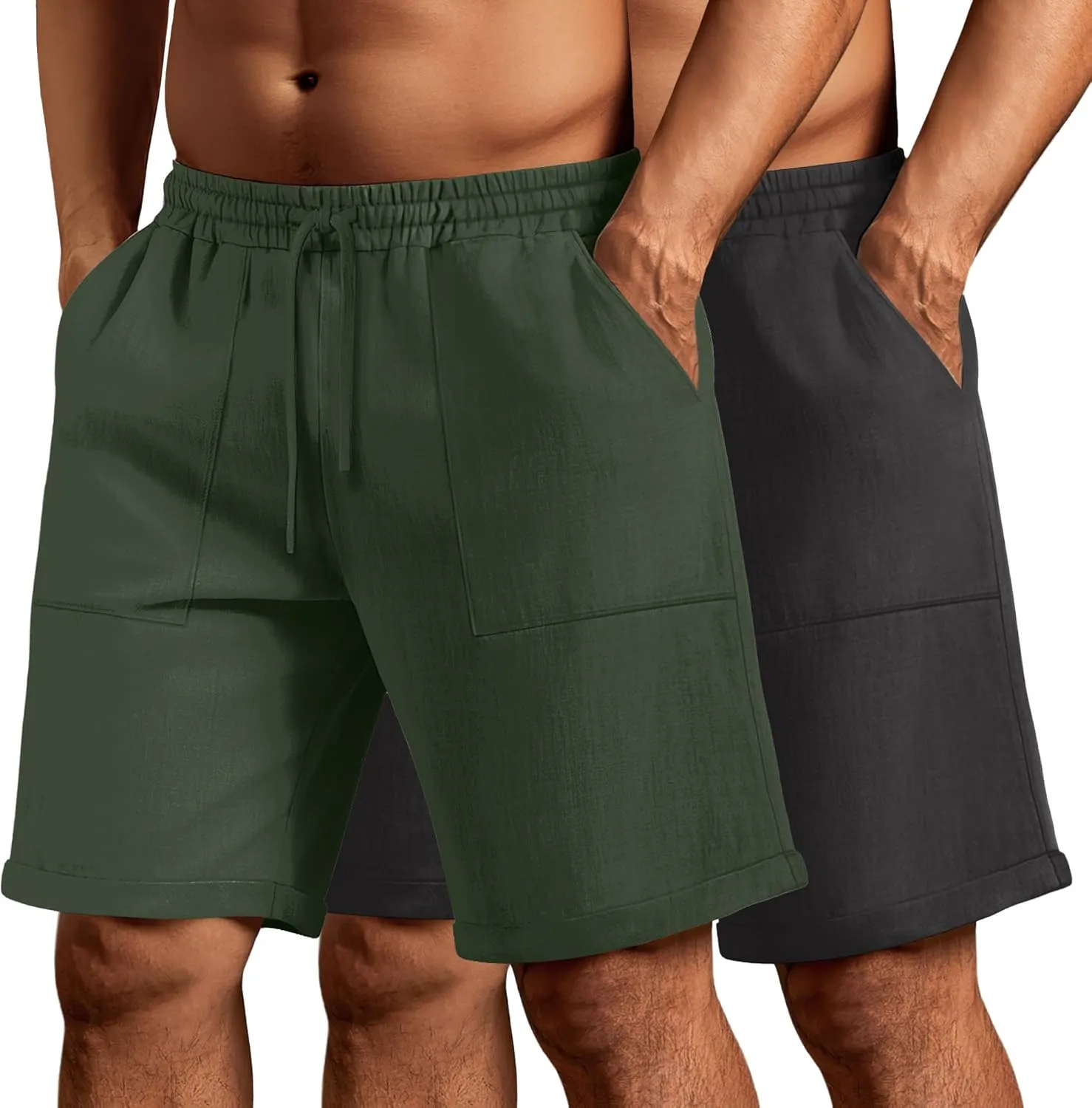 Neer 2 Pack Men's Big and Tall Cotton Linen Bermuda Shorts, Casual 7'' Elastic Drawstring Flat Front Shorts with Pockets