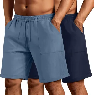 Neer 2 Pack Men's Big and Tall Cotton Linen Bermuda Shorts, Casual 7'' Elastic Drawstring Flat Front Shorts with Pockets