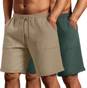 Neer 2 Pack Men's Big and Tall Cotton Linen Bermuda Shorts, Casual 7'' Elastic Drawstring Flat Front Shorts with Pockets