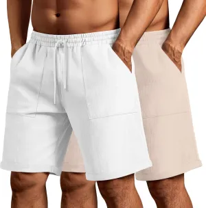 Neer 2 Pack Men's Big and Tall Cotton Linen Bermuda Shorts, Casual 7'' Elastic Drawstring Flat Front Shorts with Pockets
