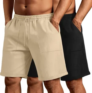 Neer 2 Pack Men's Big and Tall Cotton Linen Bermuda Shorts, Casual 7'' Elastic Drawstring Flat Front Shorts with Pockets