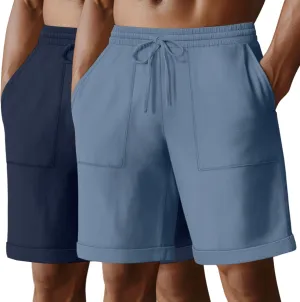 Neer 2 Pack Men's Cotton Linen Bermuda Flat Front Shorts, 7" Casual Elastic Waist Drawstring Summer Beach Shorts with Pockets