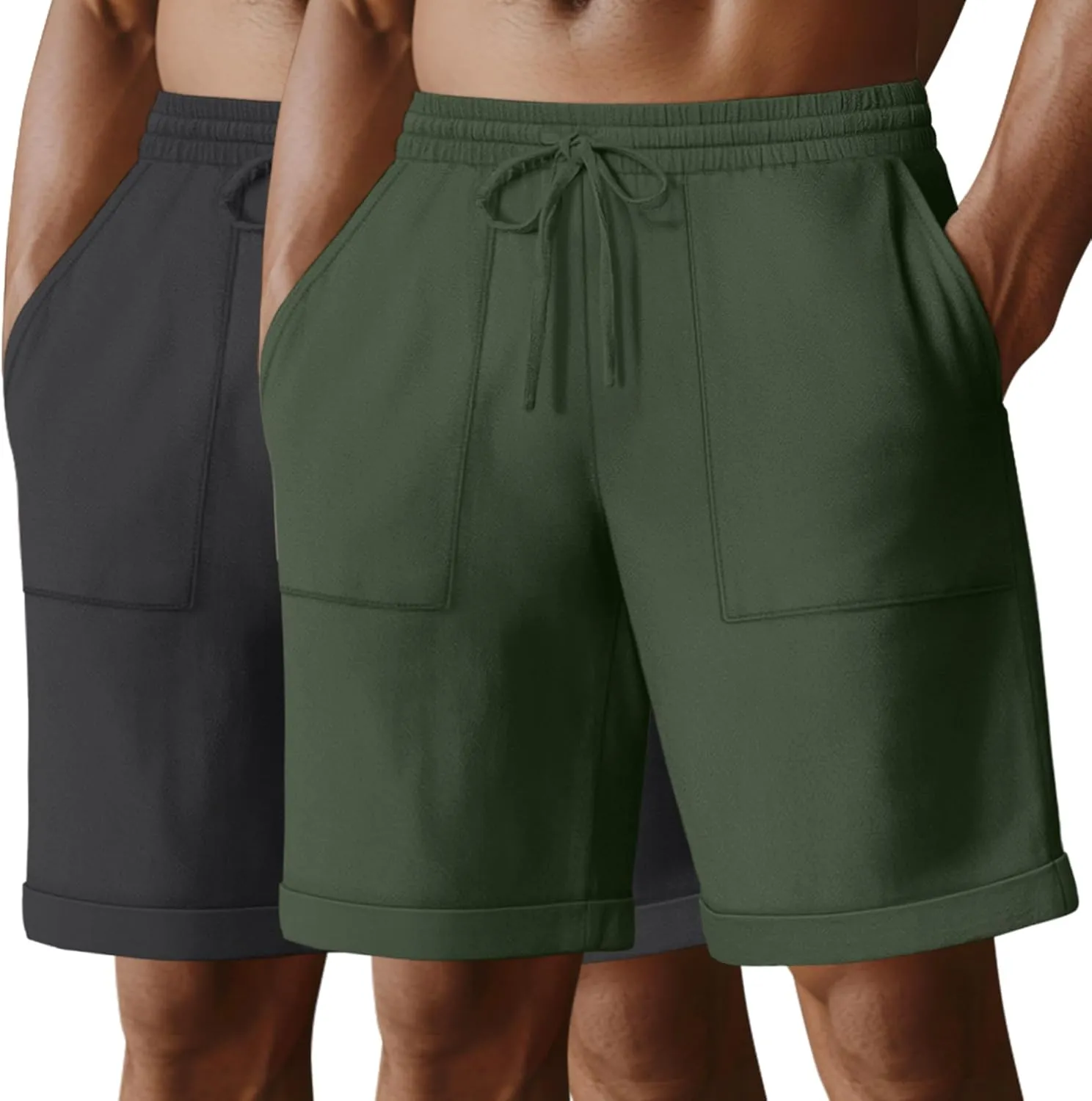 Neer 2 Pack Men's Cotton Linen Bermuda Flat Front Shorts, 7" Casual Elastic Waist Drawstring Summer Beach Shorts with Pockets