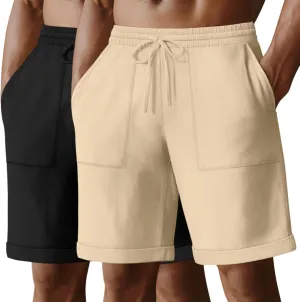 Neer 2 Pack Men's Cotton Linen Bermuda Flat Front Shorts, 7" Casual Elastic Waist Drawstring Summer Beach Shorts with Pockets