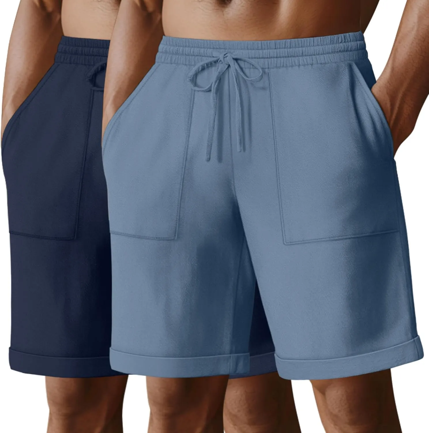 Neer 2 Pack Men's Cotton Linen Bermuda Flat Front Shorts, 7" Casual Elastic Waist Drawstring Summer Beach Shorts with Pockets