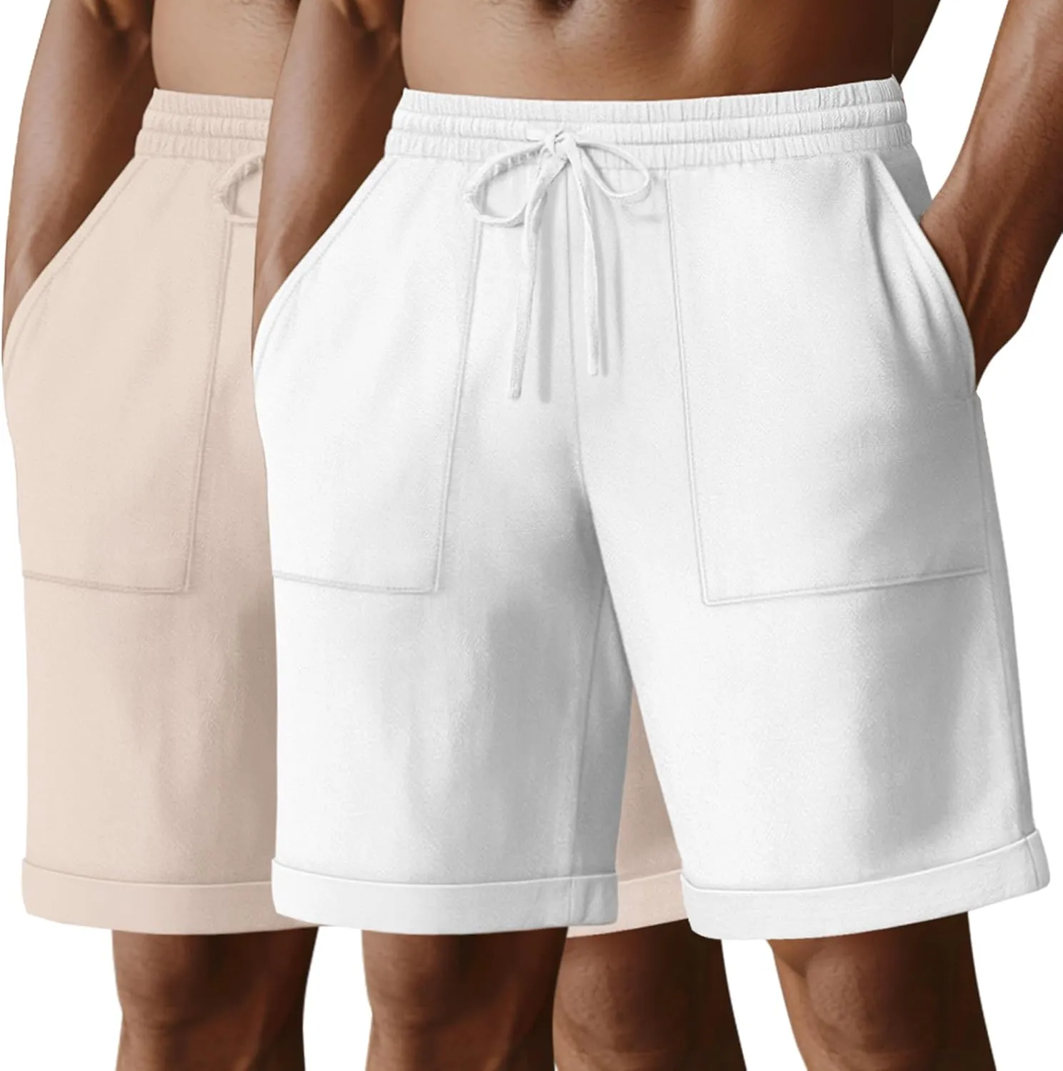 Neer 2 Pack Men's Cotton Linen Bermuda Flat Front Shorts, 7" Casual Elastic Waist Drawstring Summer Beach Shorts with Pockets