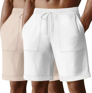 Neer 2 Pack Men's Cotton Linen Bermuda Flat Front Shorts, 7" Casual Elastic Waist Drawstring Summer Beach Shorts with Pockets