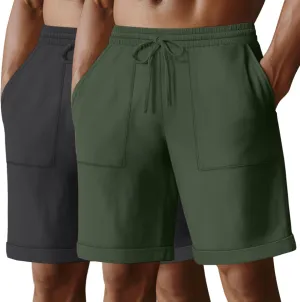 Neer 2 Pack Men's Cotton Linen Bermuda Flat Front Shorts, 7" Casual Elastic Waist Drawstring Summer Beach Shorts with Pockets