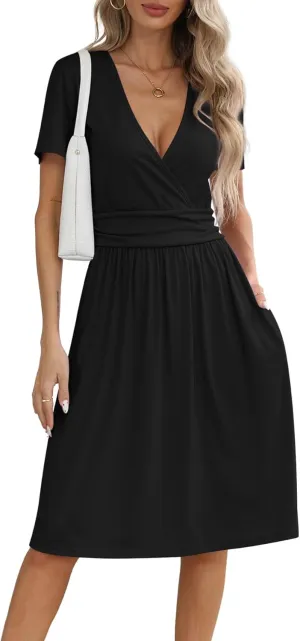 NILOUFO Women's Summer Casual Dress Short Sleeve Wrap V Neck Midi Dresses with Pockets