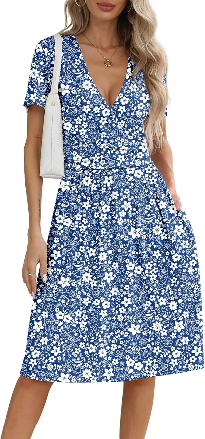NILOUFO Women's Summer Casual Dress Short Sleeve Wrap V Neck Midi Dresses with Pockets