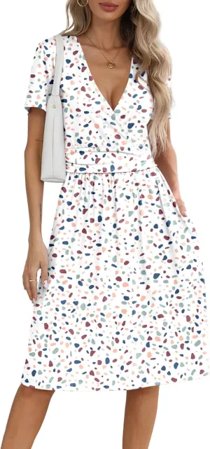NILOUFO Women's Summer Casual Dress Short Sleeve Wrap V Neck Midi Dresses with Pockets