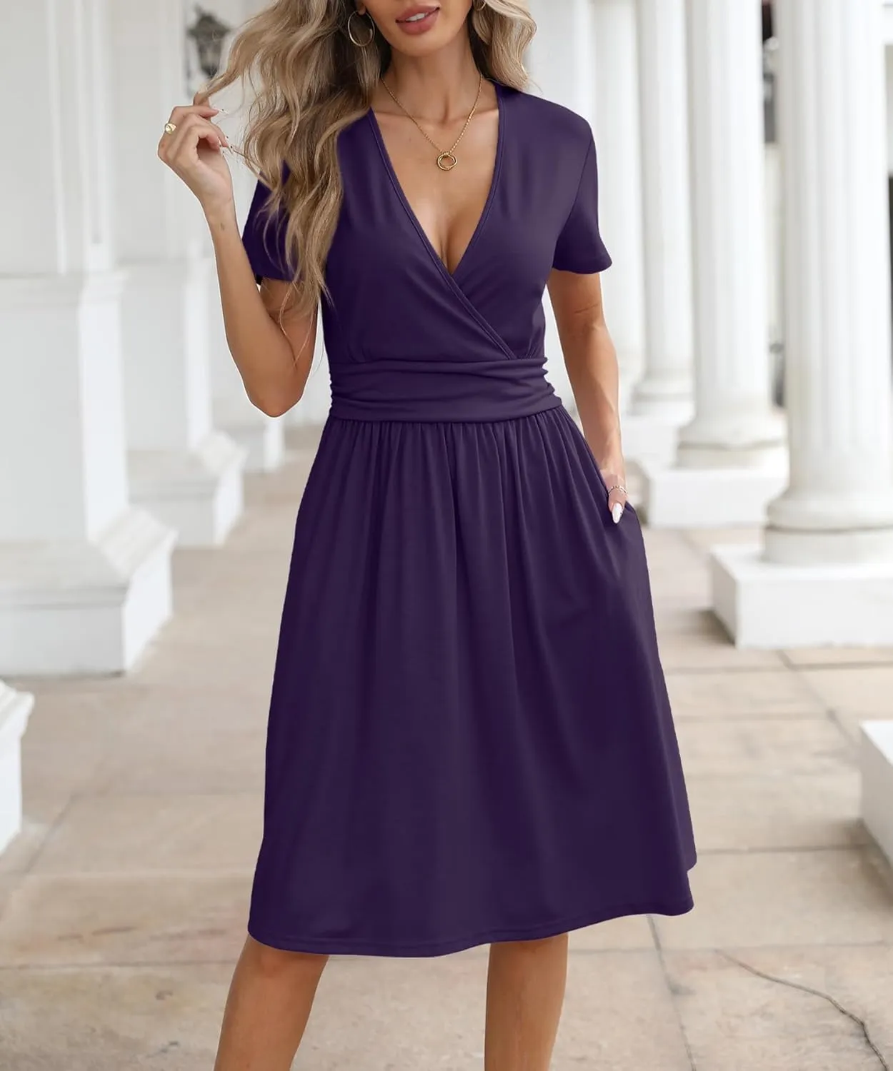 NILOUFO Women's Summer Casual Dress Short Sleeve Wrap V Neck Midi Dresses with Pockets