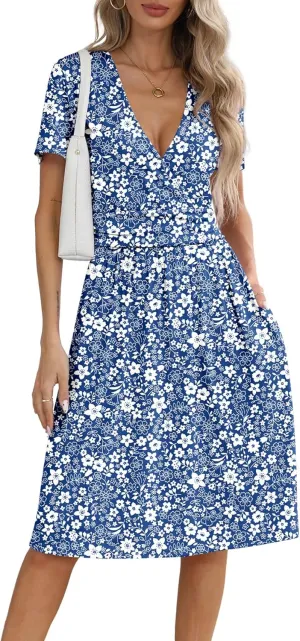 NILOUFO Women's Summer Casual Dress Short Sleeve Wrap V Neck Midi Dresses with Pockets