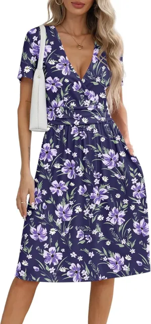 NILOUFO Women's Summer Casual Dress Short Sleeve Wrap V Neck Midi Dresses with Pockets
