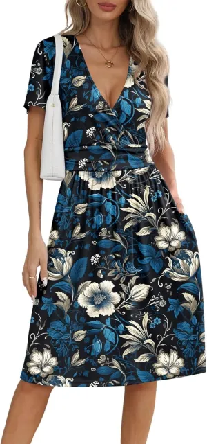 NILOUFO Women's Summer Casual Dress Short Sleeve Wrap V Neck Midi Dresses with Pockets