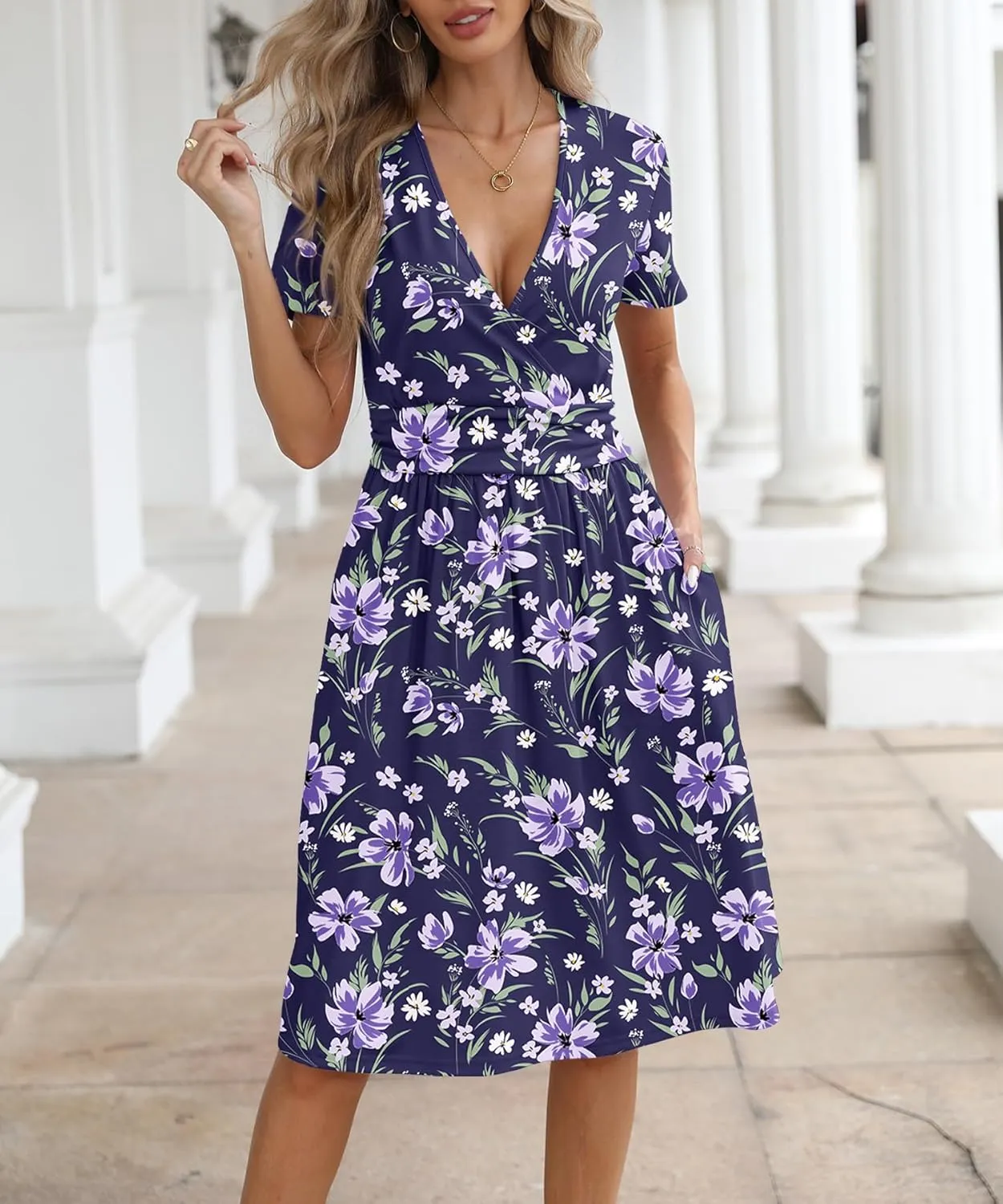 NILOUFO Women's Summer Casual Dress Short Sleeve Wrap V Neck Midi Dresses with Pockets