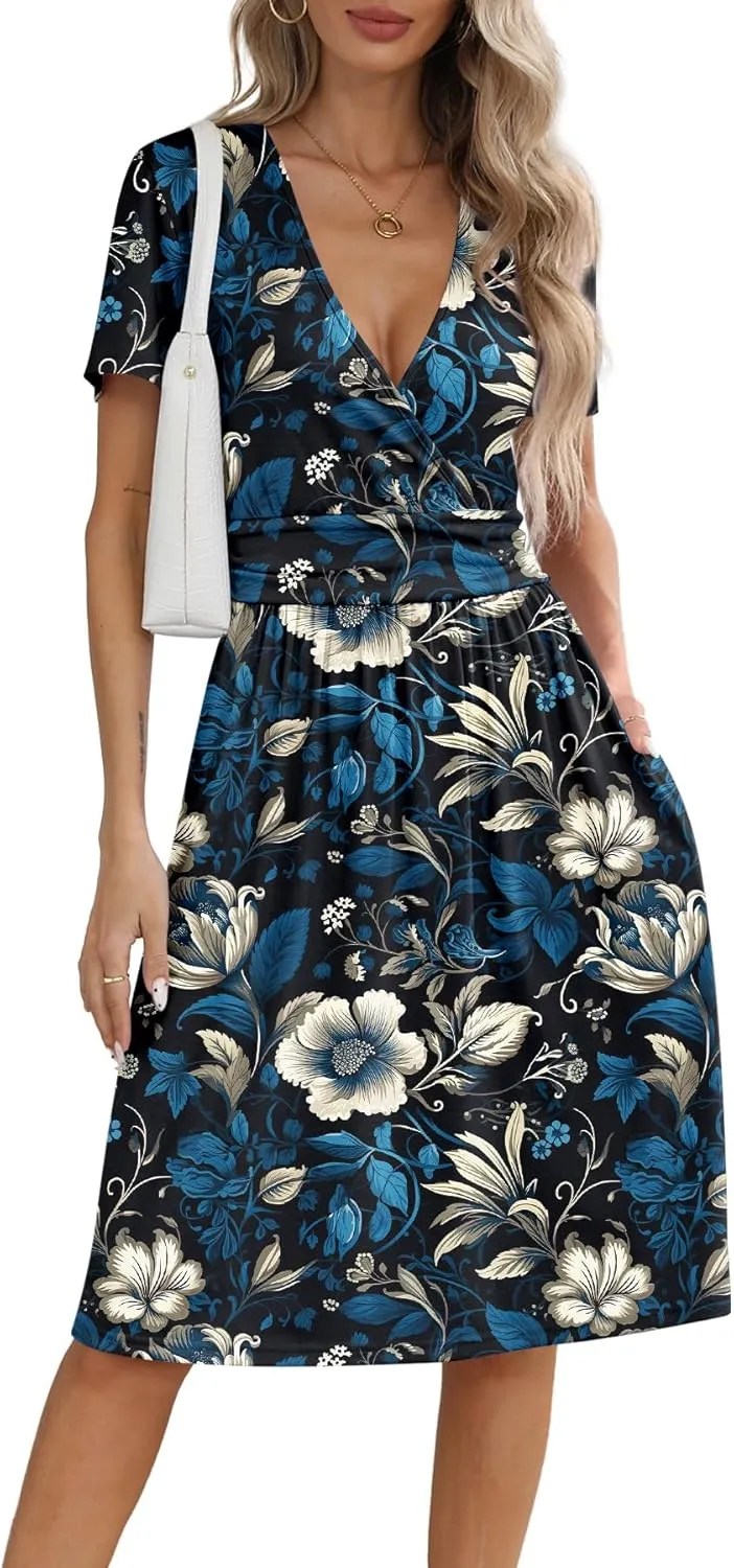 NILOUFO Women's Summer Casual Dress Short Sleeve Wrap V Neck Midi Dresses with Pockets