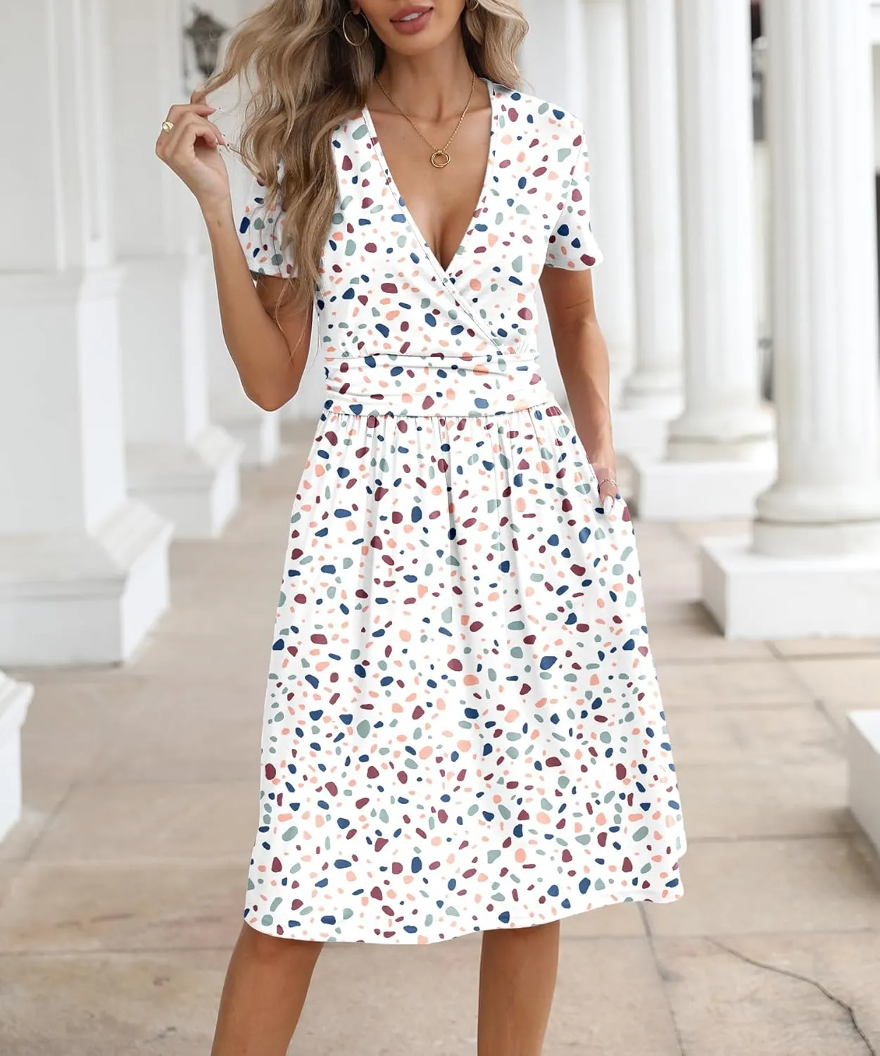 NILOUFO Women's Summer Casual Dress Short Sleeve Wrap V Neck Midi Dresses with Pockets